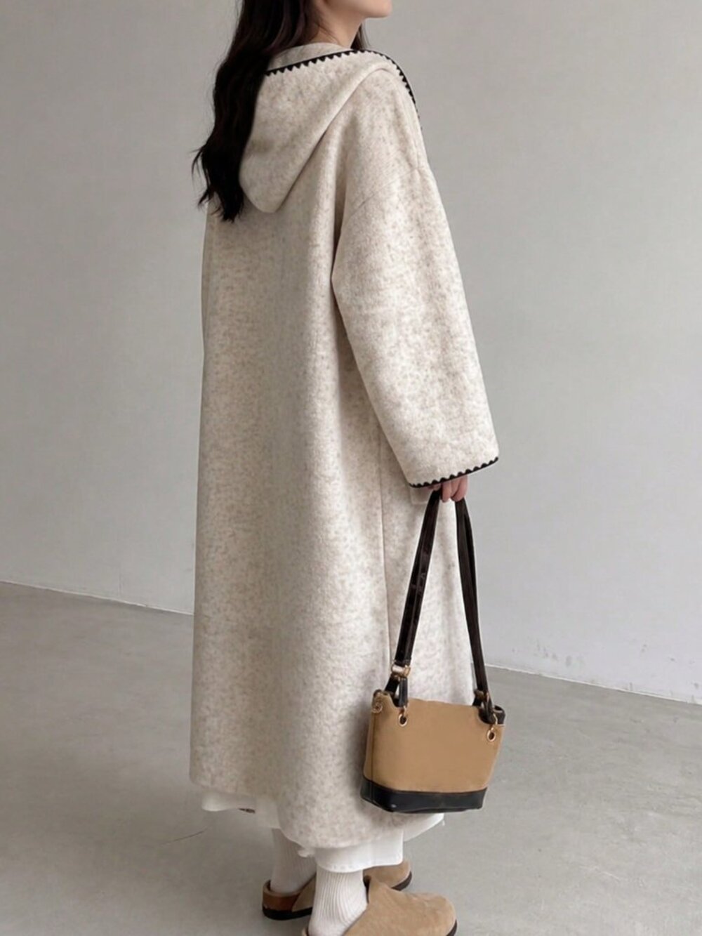 Oatmeal Casual Women's Long Plain Button Loose Fit Hooded Cardigan - Picture 3 of 5